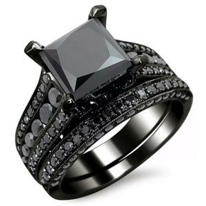 New Princess Cut Black Sapphire Sterling Silver Ring Set